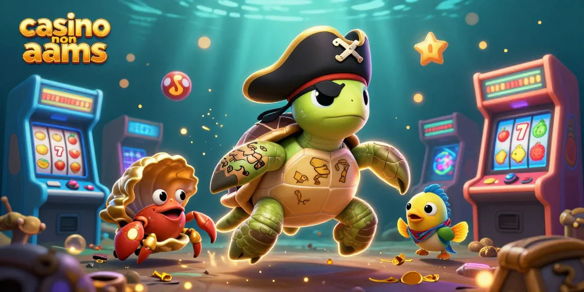 Scopri l'emozione dei casinò non AAMS con una tartaruga pirata, un granchio e un pesce tra elementi vivaci dei giochi di slot.