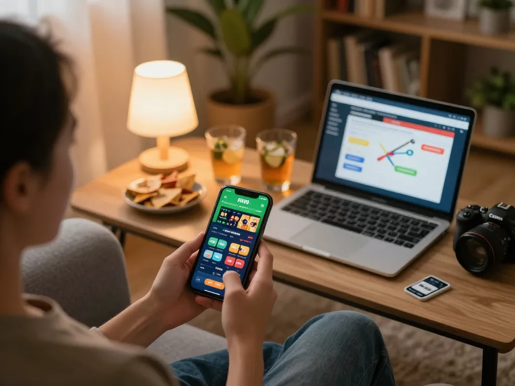 Engaging user analyzing betting strategies on the RR88 App, enjoying a cozy home gaming experience.