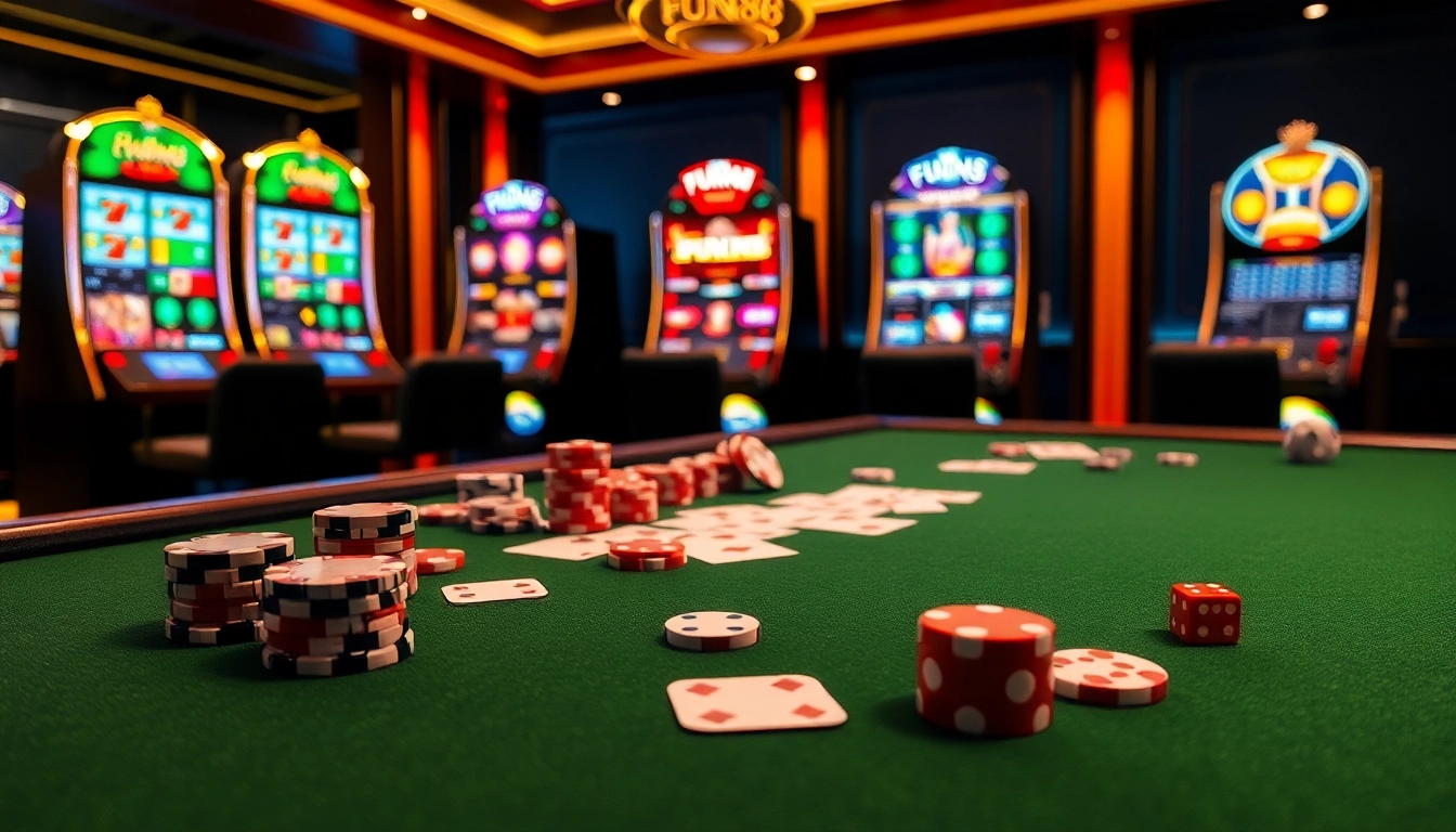 Exciting gaming scene with Fun88 branding, cards, dice, and vibrant casino atmosphere.