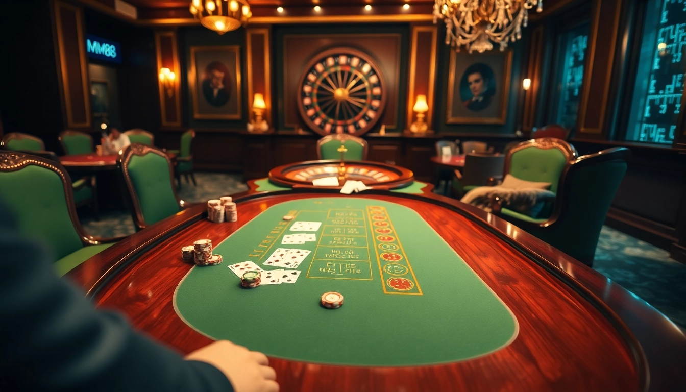Experience high-stakes excitement at MM88's luxury casino, featuring vibrant tables and engaging players.