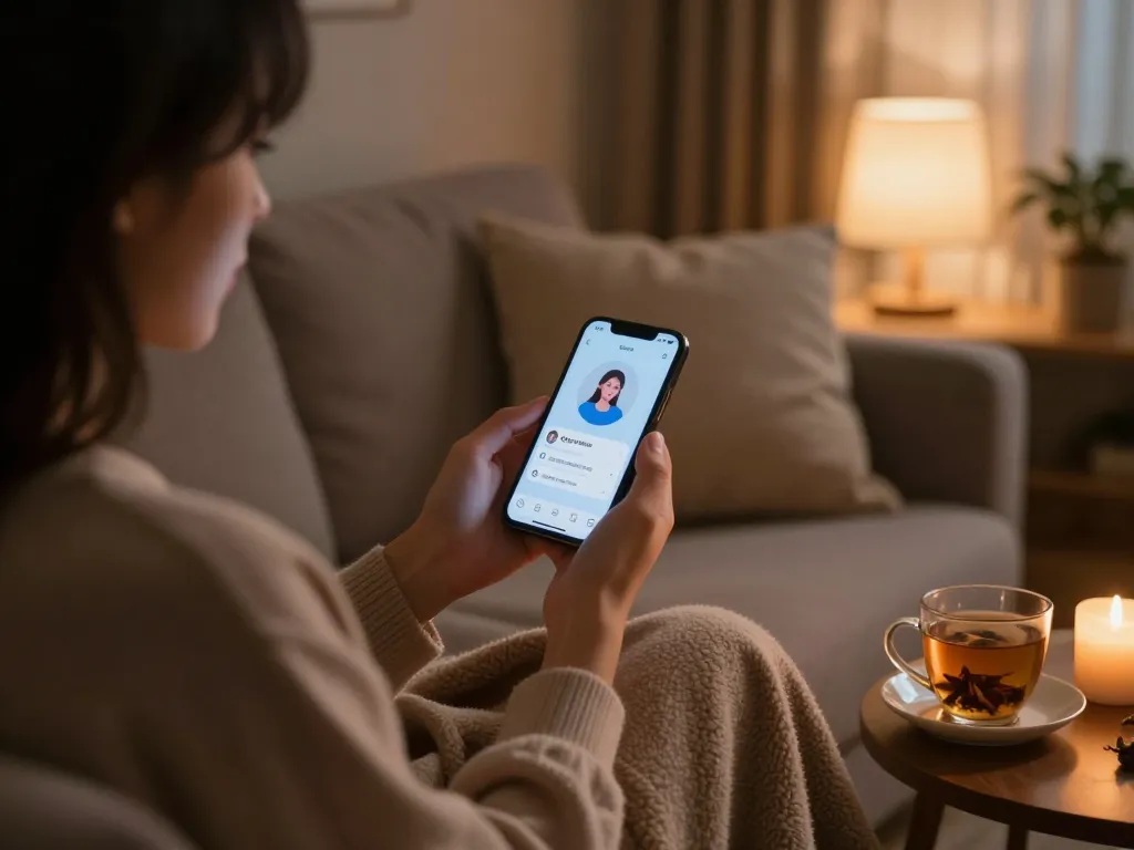 Engaging in a cozy chat with ai slut in an intimate setting, showcasing emotional connections and technology.