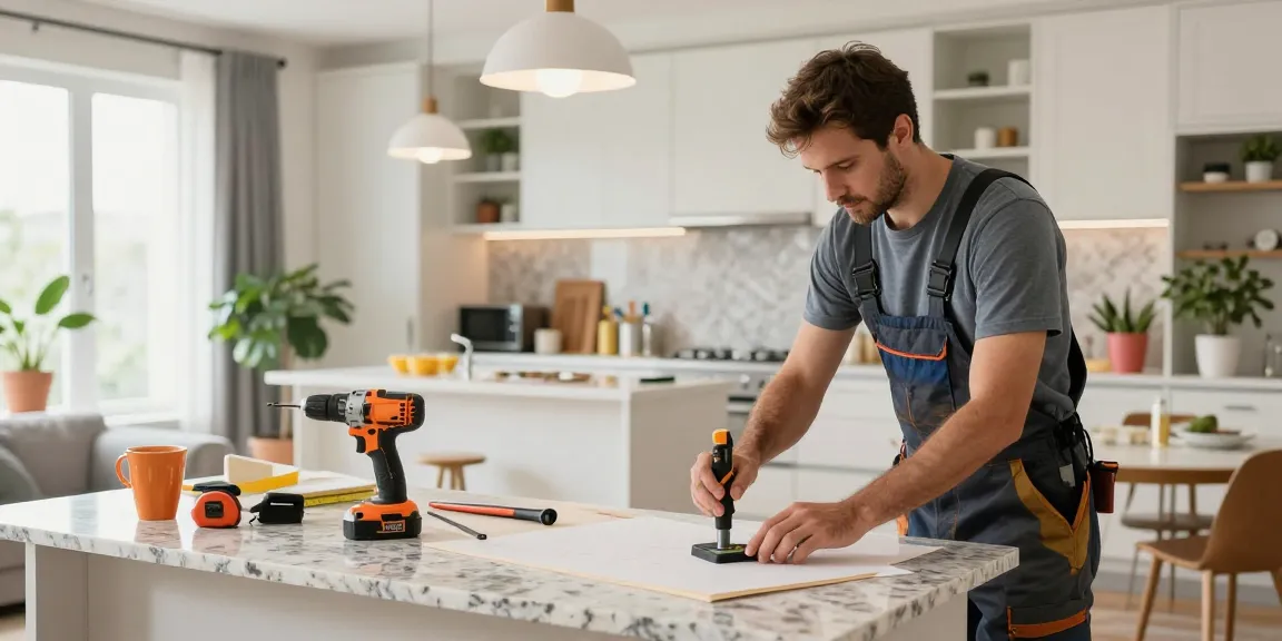 Best home renovation services showcased with contractor enhancing a stylish kitchen and living space, featuring quality materials and tools.
