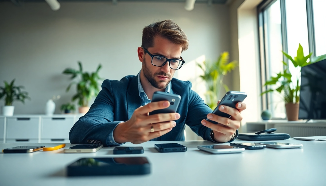 Quick phone buyer analyzing smartphones in a modern office environment.