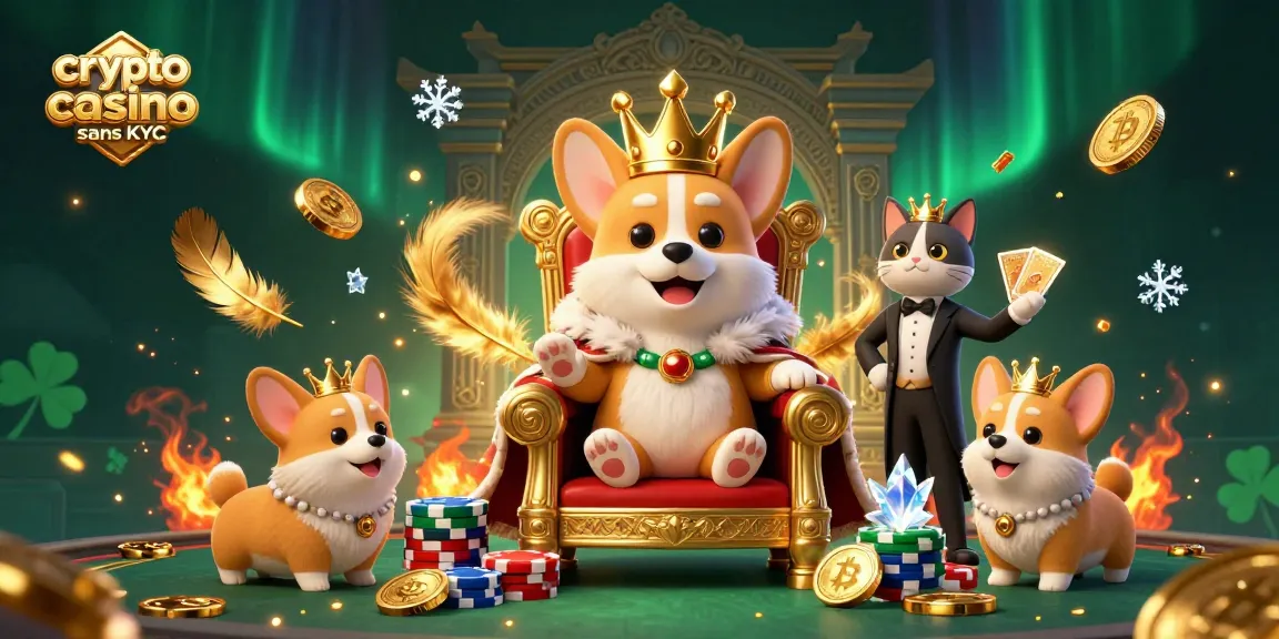 Illustration dynamique d'un crypto casino sans KYC, mettant en scène un corgi royal sur un trône de jetons de poker.