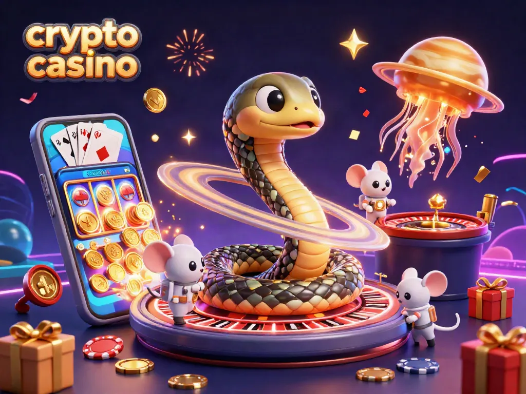 Gioca nel crypto casino con personaggi vivaci e simboli di gioco mentre gira la roulette.
