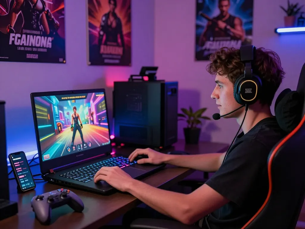 Engaged user playing a real porn game on a vibrant gaming laptop in a cozy, neon-lit room.