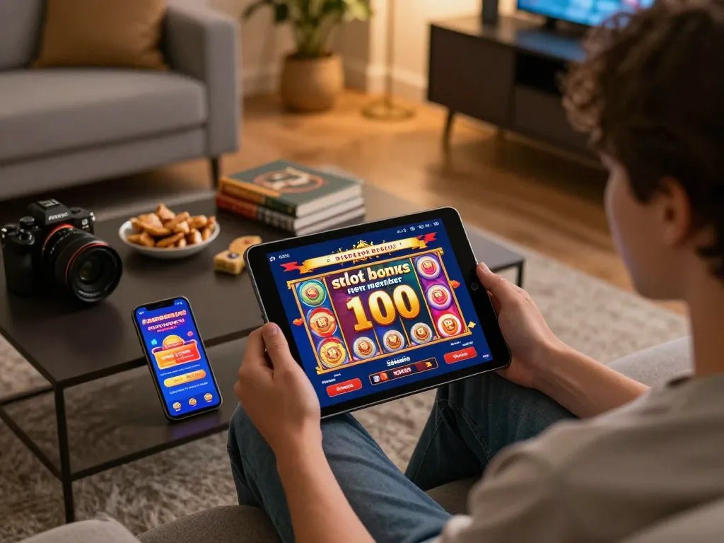 Play exciting games with the slot bonus new member 100 in a cozy, modern home setting