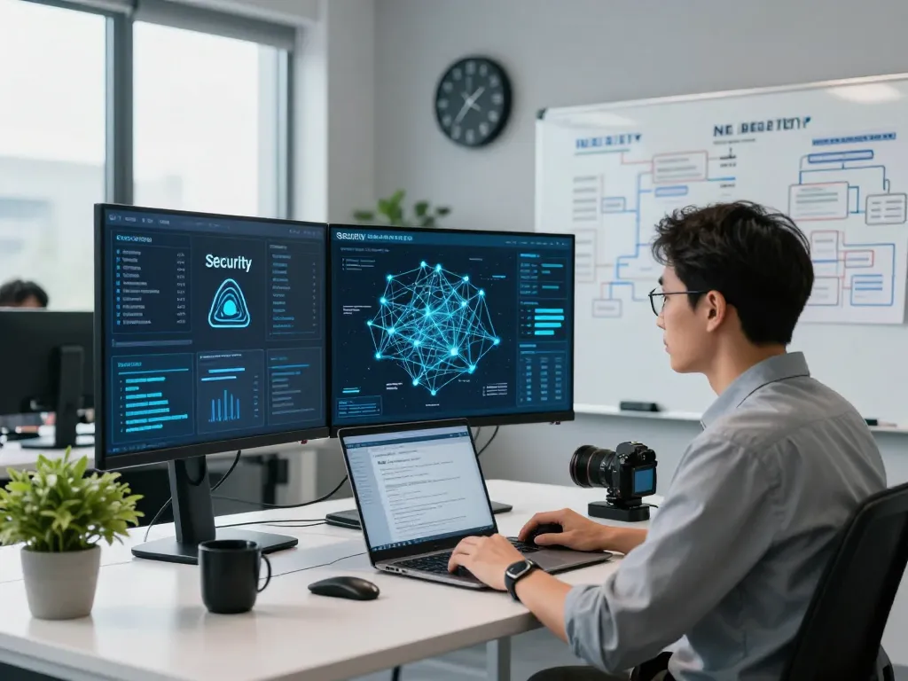 Monitoring network security at https://shs-dome5.com/ in a modern cybersecurity office with dynamic tech displays.
