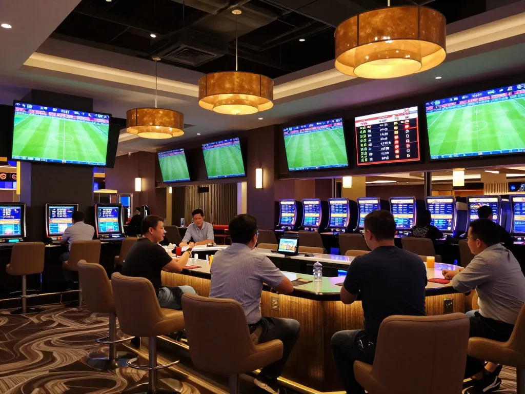 Kèo nhà cái 5 action in an upscale sports betting lounge with live games and eager players.