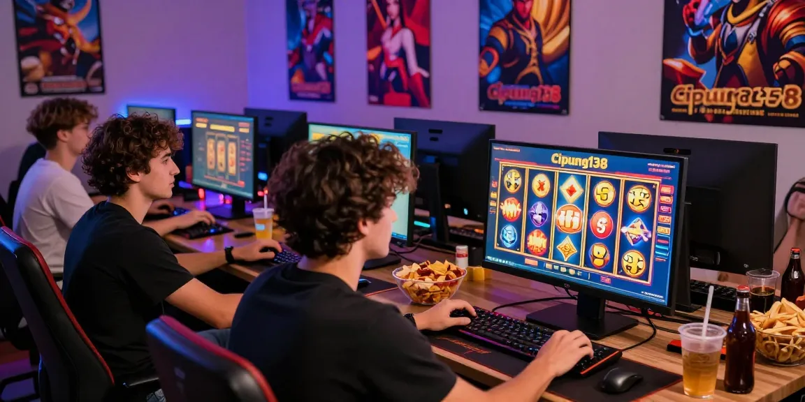 Suasana bermain game online Cipung138 dengan teman-teman, sinar LED cerah, dan layar slot yang menarik.