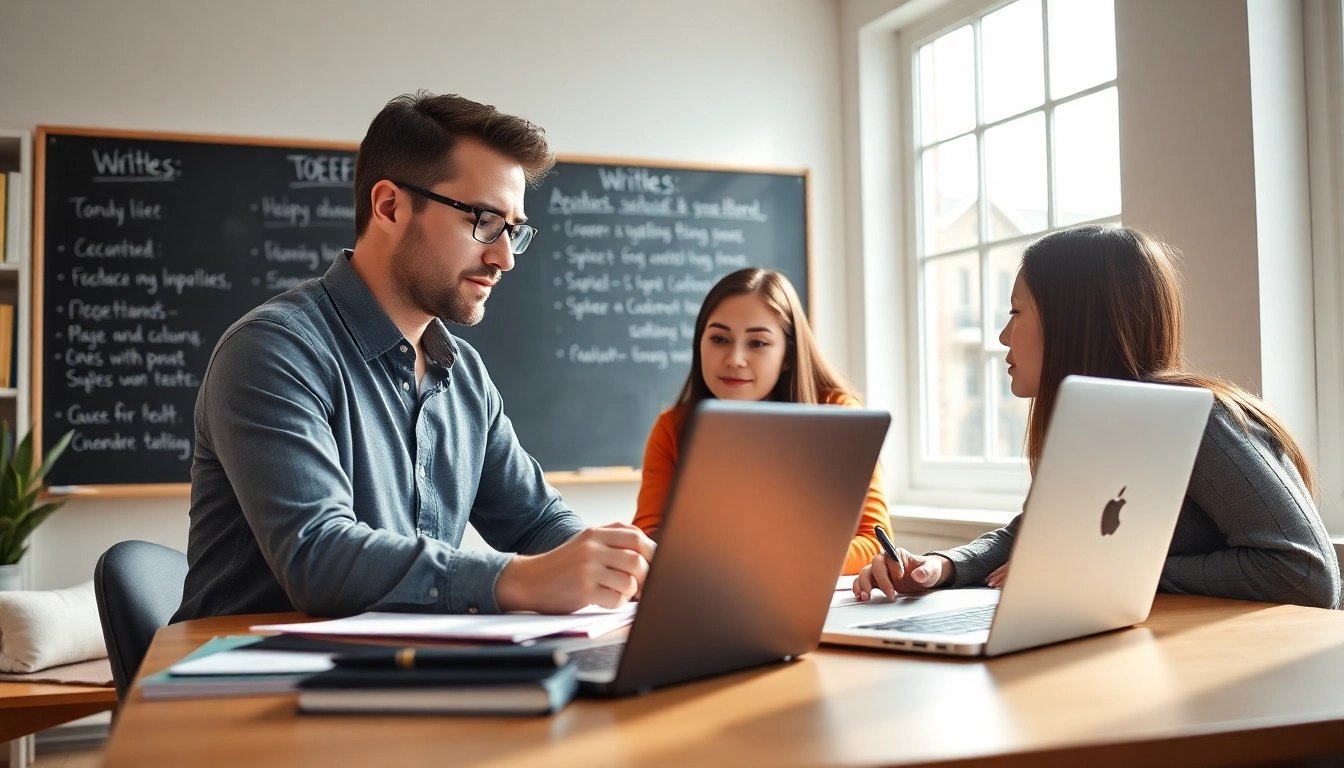 Supportive tutor guiding toefl test takers for hire in a bright study space.