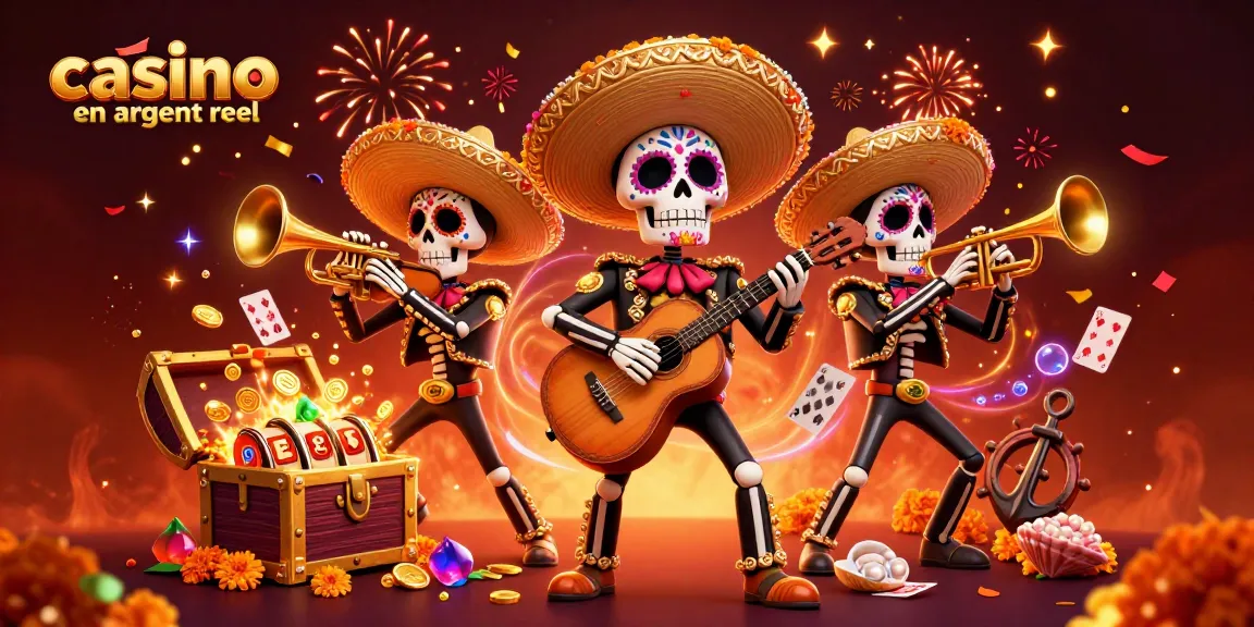 Profitez d'une ambiance festive au casino en argent réel avec des personnages de mariachis colorés et des éléments de jeu flottants.