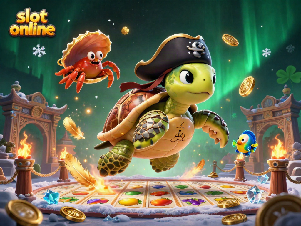 Engage with slot online adventures featuring a pirate turtle, hermit crab, and parrotfish in a treasure scene.