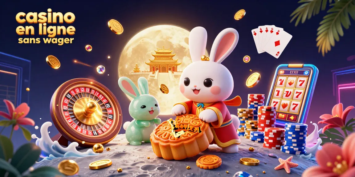 Illustration dynamique de casino en ligne sans wager avec des personnages de lapins lunaires et des éléments de jeu