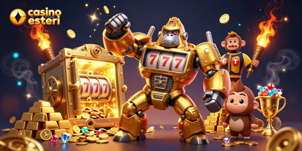 Scopri i casinò online esteri e vinci con il nostro gorilla mech dorato in un'illustrazione 3D dinamica.
