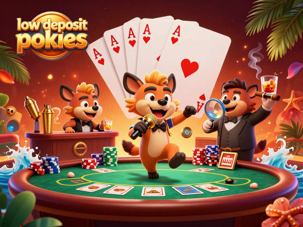 Experience thrilling low deposit pokies in a vibrant casino scene filled with lively hyenas.