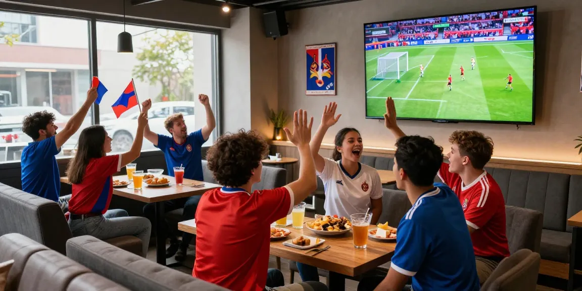 Live football match viewing scene with fans celebrating at koora tv event.
