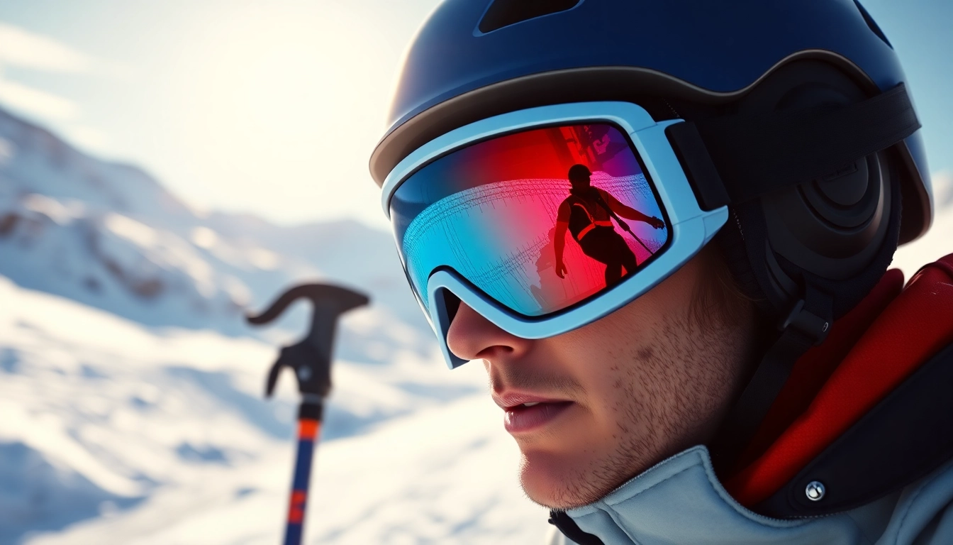 Skier showcasing high-tech goggles against a snowy backdrop for winter sports.