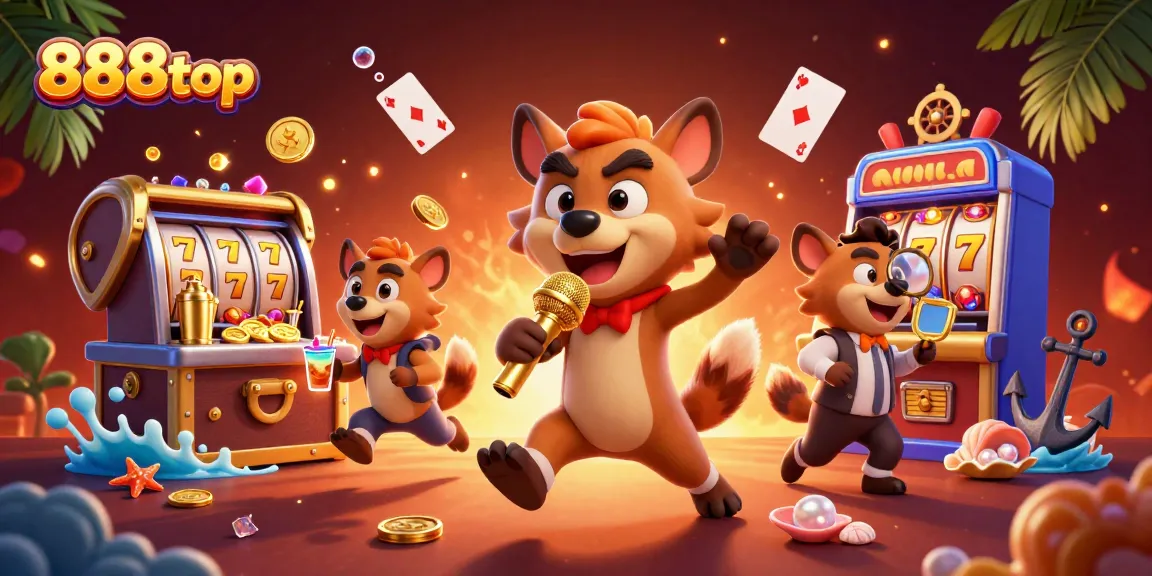 Engage in thrilling fun at 888top's dynamic casino with lively hyena characters and casino elements.