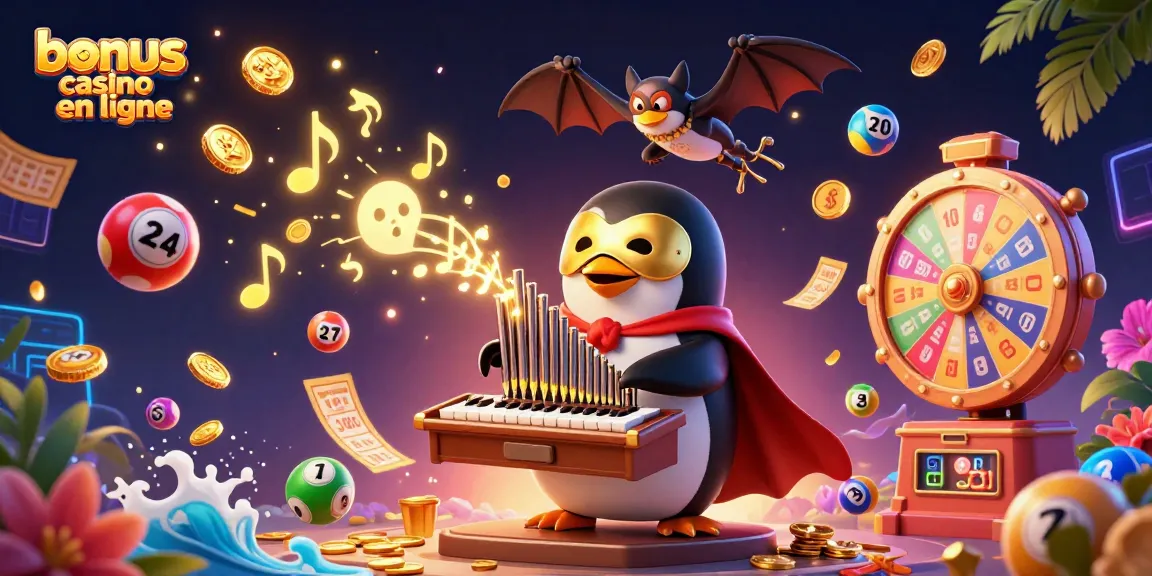 Le bonus de casino en ligne, une scène dynamique avec un pingouin jouant d'un orgue parmi des éléments de loterie colorés.