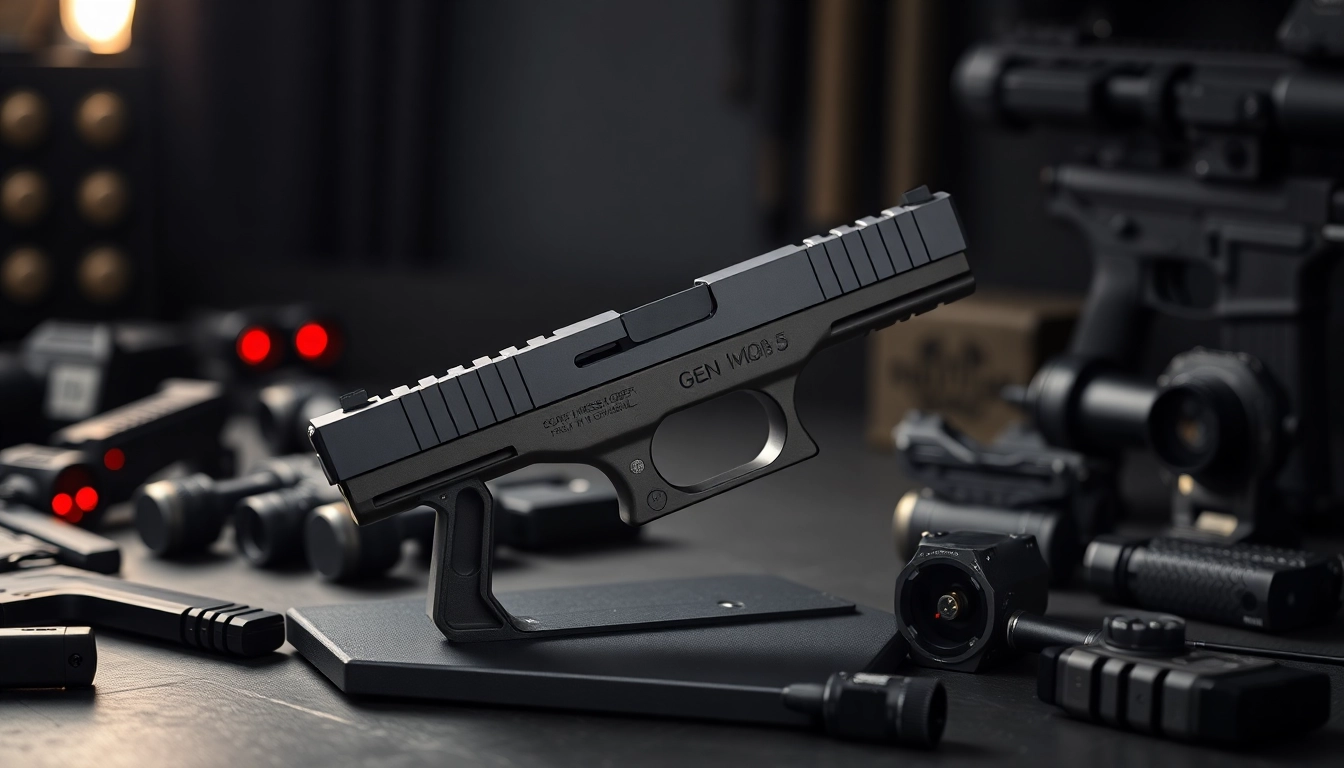 Showcase the Glock 19 Gen 5 MOS OEM Slide with tactical accessories in a dramatic lighting.