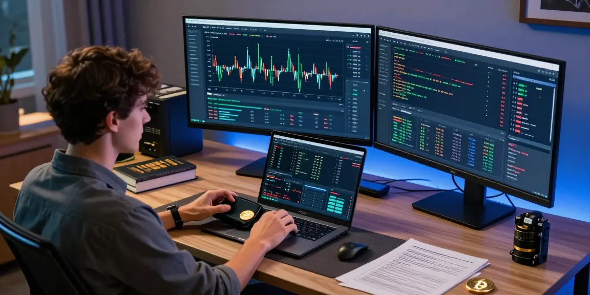 Bitcoin mining platform operating in a professional workspace with monitors showing cryptocurrency metrics, charts, and hardware wallet connections.