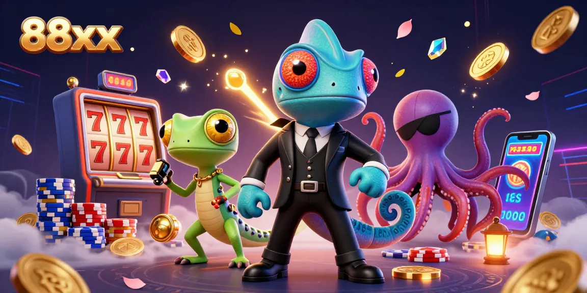 Engage with 88xx's casino world, featuring vibrant characters and dynamic slot machine elements.