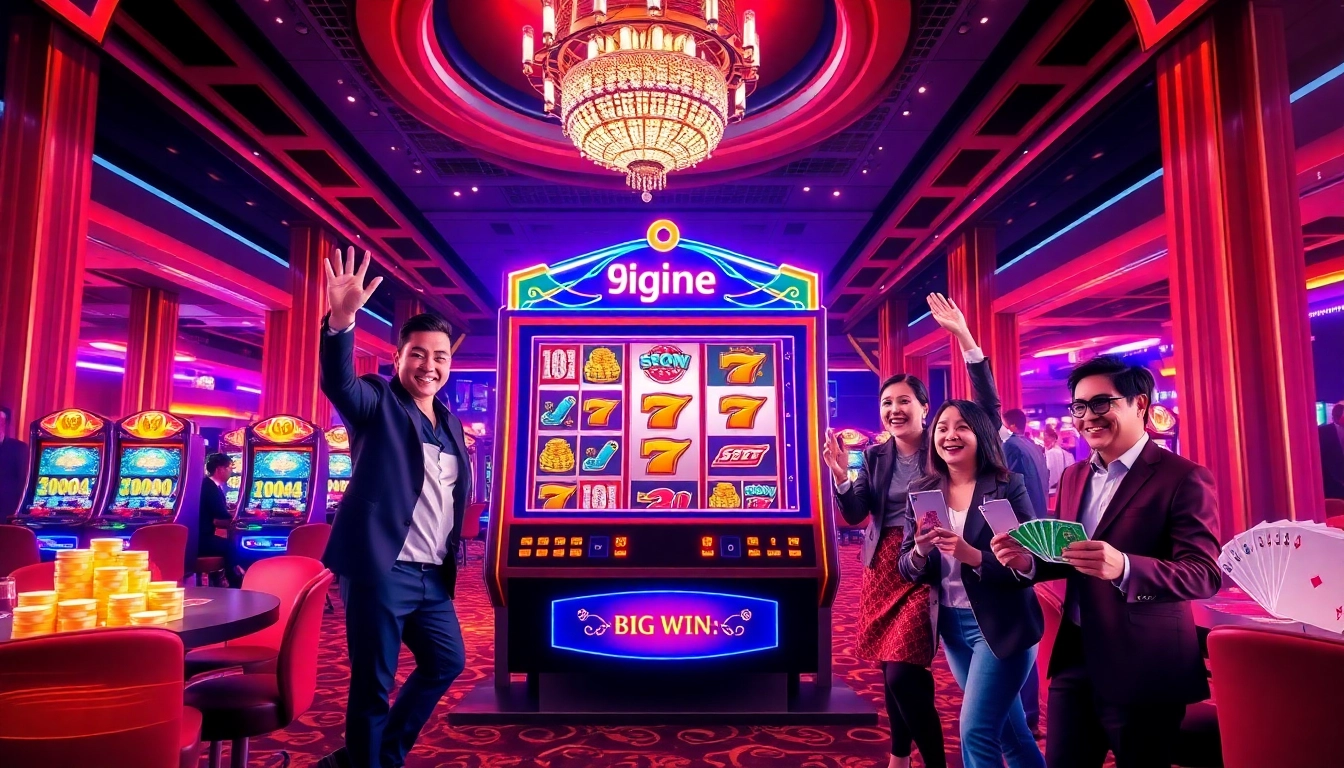 Pemain yang menang menikmati momen mendebarkan di mesin slot Deposit 1K dalam suasana kasino yang glamor.