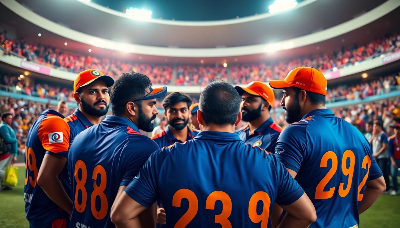Cricket team strategizing for ipl prediction team today in a vibrant stadium setting.