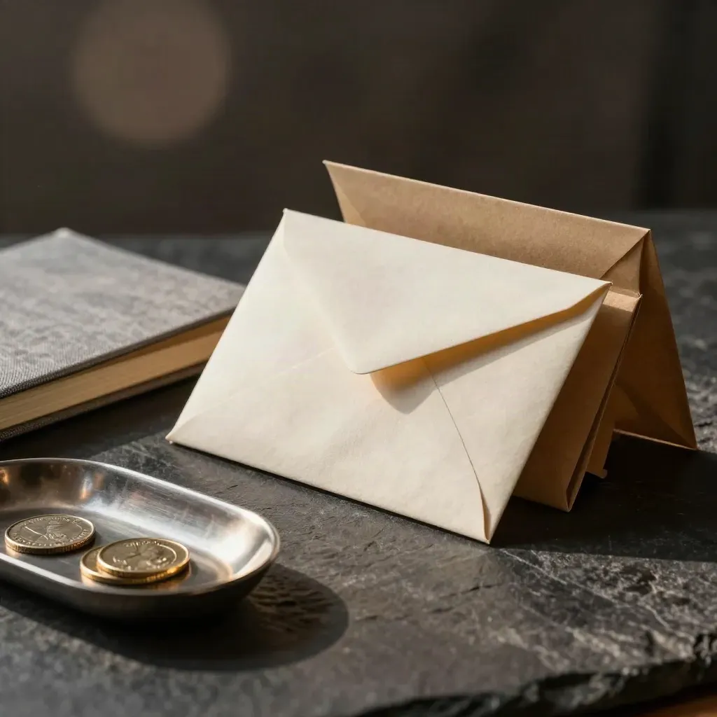 Cash envelopes, notebook and coin tray on dark stone in warm dramatic light.
