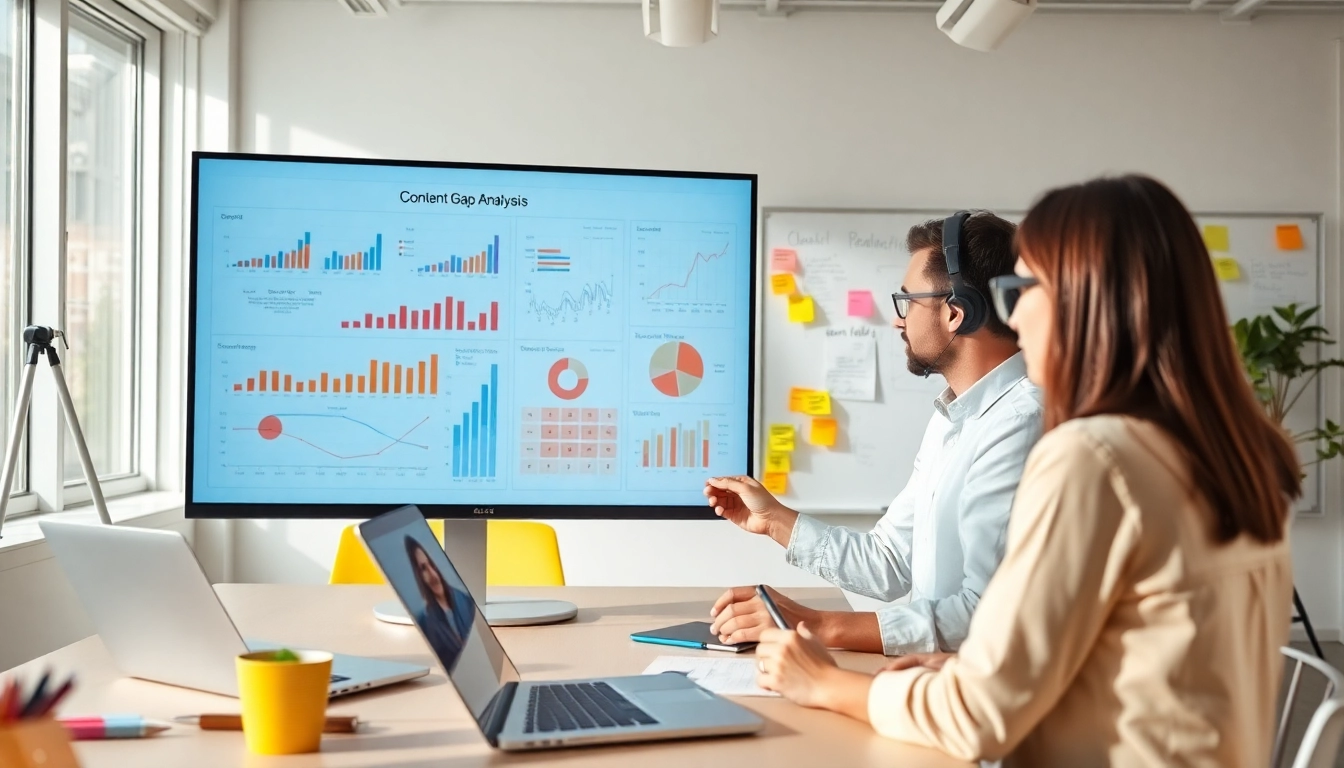 Visualize Content Gap Analysis through professionals discussing data trends and strategies.