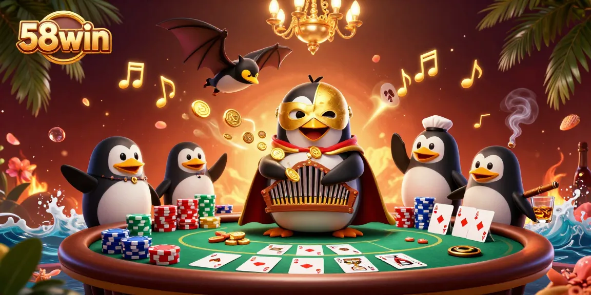Experience exciting gaming action at 58win with a vibrant casino scene featuring a penguin and poker details.