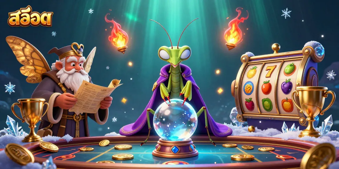 Engage with สล็อต through a lively casino scene featuring a mystical fortune teller and vibrant slot machines.