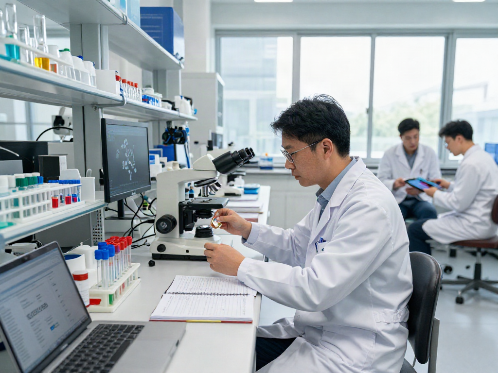 CJC-1295 research peptides analyzed in a modern laboratory setting with scientist and vials.