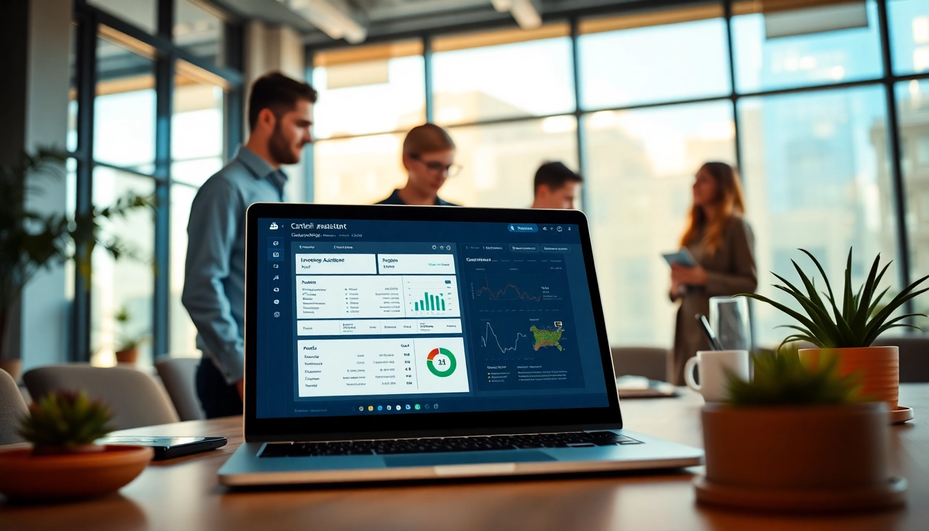 Illustration of enterprise assistant software displayed on a laptop in a collaborative workspace setting.