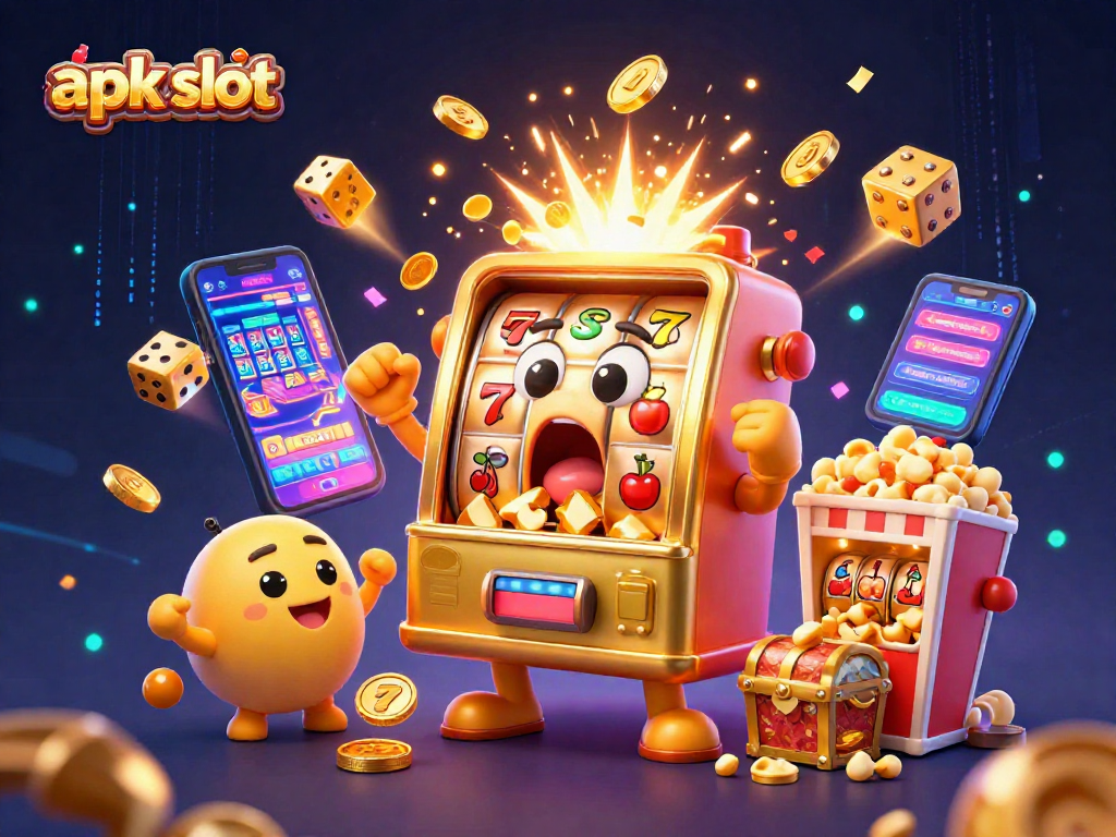 Permainan apk slot mengejutkan dengan mesin slot emas dan koin berjatuhan, menciptakan suasana gemerlap.