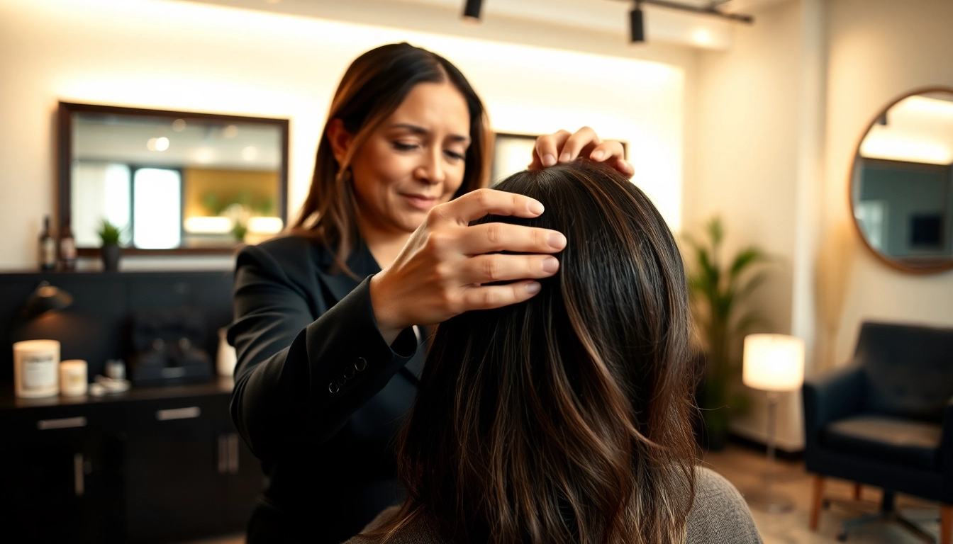 Ace of Fades 212 hair replacement expert meticulously applying a non-surgical hair system in an elegant studio.