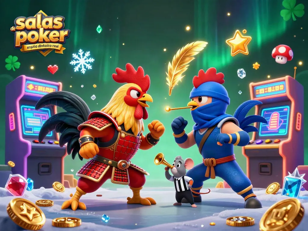 Salas de póker online España dinero real con roosters en un dramático enfrentamiento animado.