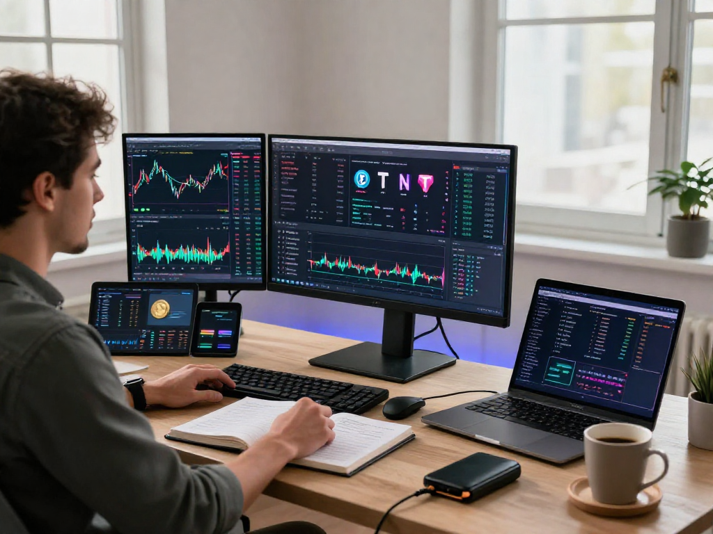 metatrader 5 官网交易者在现代化办公环境中分析加密货币市场深度与图表数据，展示专业交易工具与风险管理策略