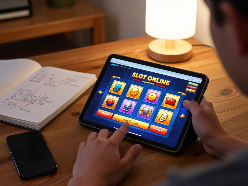 Engaged player enjoying Slot Online on tablet with strategic notes in cozy home setting.