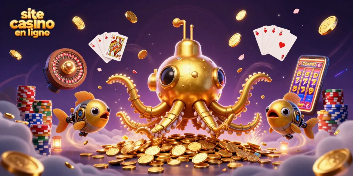 Profitez de l'excitation du site casino en ligne avec une illustration 3D vibrante de jeux de casino et de pièces d'or.