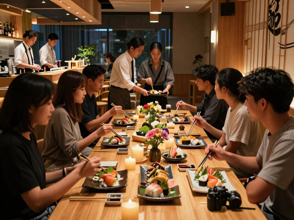 Friends enjoying delicious rokok88 daftar sushi at a cozy restaurant.