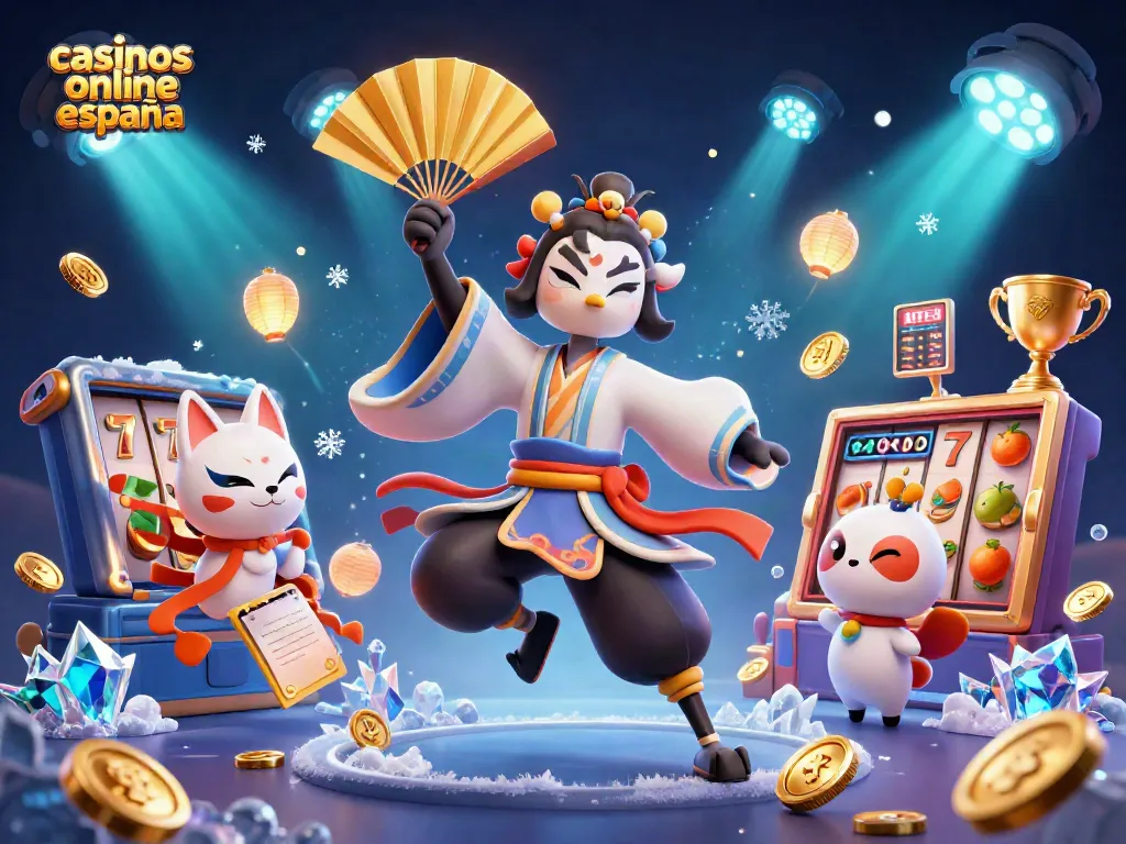 Juega en casinos online España con esta ilustración vibrante y dinámica de un guerrero kabuki y elementos de tragamonedas.