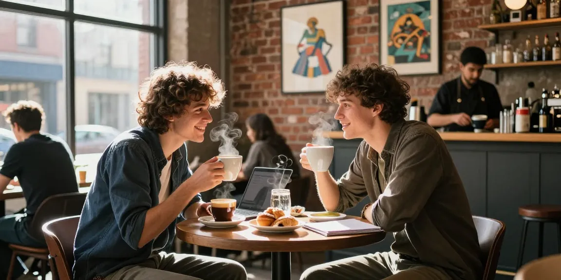 Two friends share a crush on each other over coffee in a cozy café.