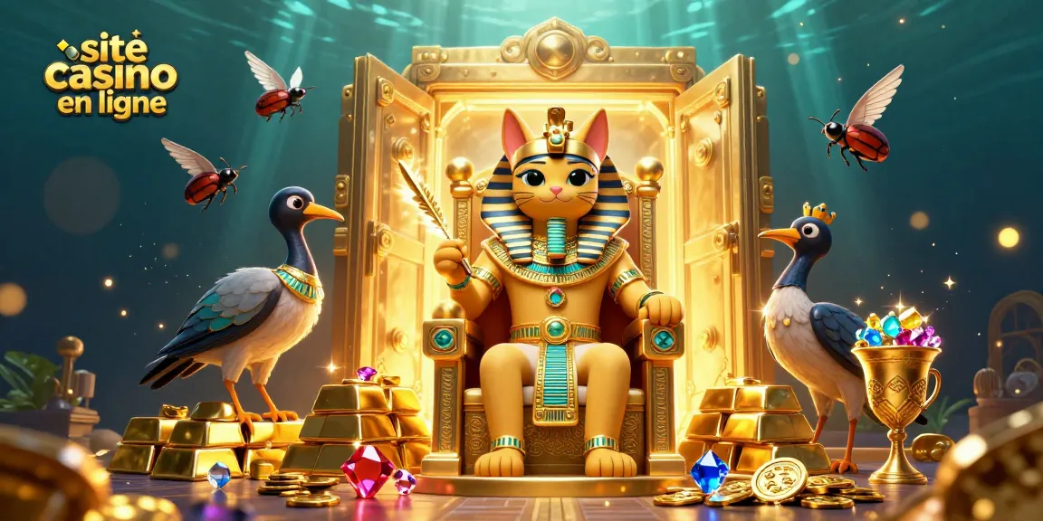 Plongez dans le monde fascinant du site casino en ligne avec un chat pharaon égyptien entouré de trésors dorés et de joyaux éclatants.