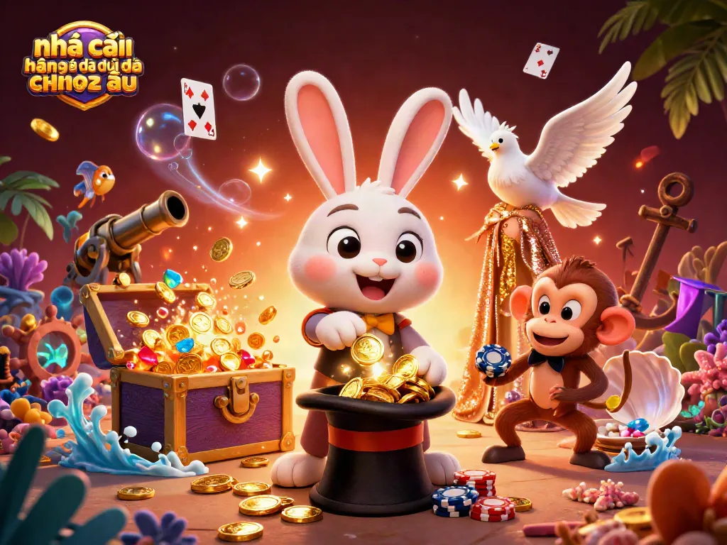 Hình ảnh về nhà cái hàng đầu đến từ châu âu, với thỏ magician tạo ra tiền vàng và các yếu tố cá cược