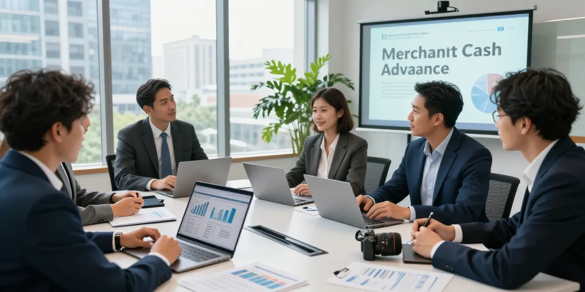 Group discussing merchant cash advance UK options in a modern office setting.