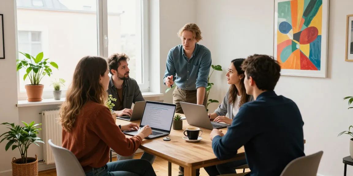Moderne Monteurwohnung in Hannover mit einem Gruppenmeeting am Tisch, ideal für geschäftliche Aufenthalte.