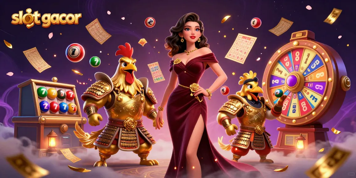 Engage in slots gacor action with a glamorous scene of a woman and a golden rooster warrior surrounded by casino elements.