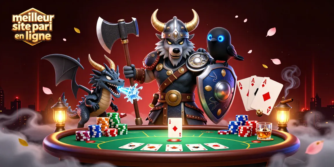 Action sur le meilleur site de paris en ligne avec un guerrier loup, un dragon et un corbeau au poker.